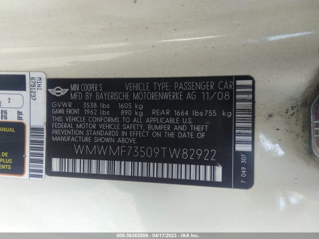 2009 MINI COOPER HARDTOP WMWMF73509TW82922 Photo 8