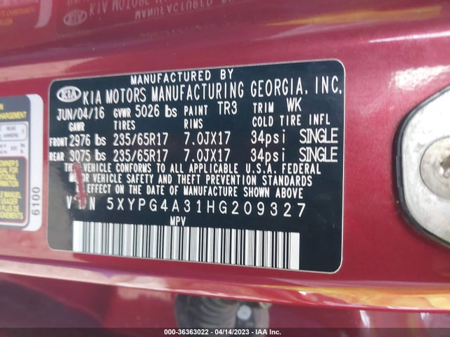 KIA SORENTO LX 2017 5XYPG4A31HG209327 Image 10