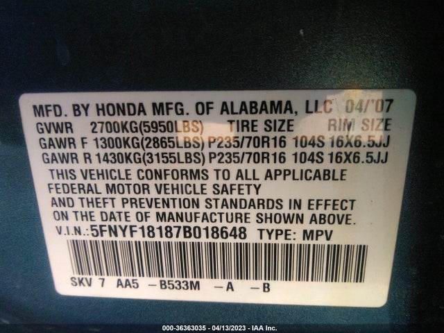 2007 HONDA PILOT LX VIN: 5FNYF18187B018648
