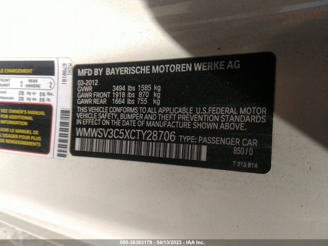 2012 MINI COOPER HARDTOP S VIN: WMWSV3C5XCTY28706