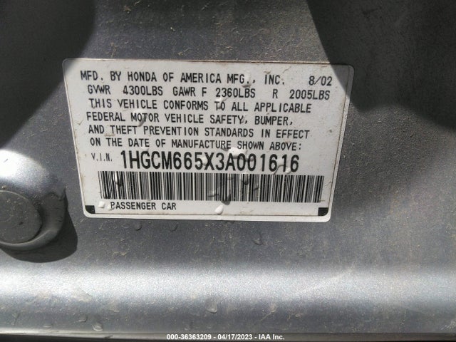 2003 HONDA ACCORD SDN EX VIN: 1HGCM665X3A001616