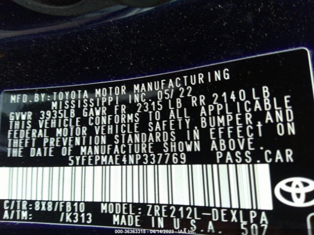 5YFEPMAE4NP337769 Toyota COROLLA LE