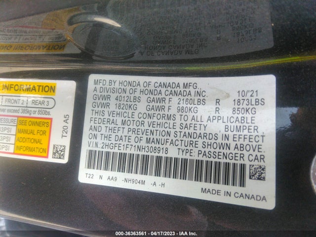 2022 HONDA CIVIC SEDAN EX VIN: 2HGFE1F71NH308918