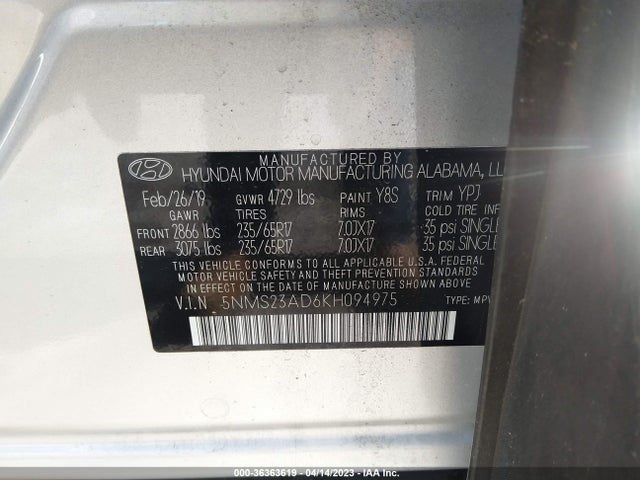2019 HYUNDAI SANTA FE SE VIN: 5NMS23AD6KH094975