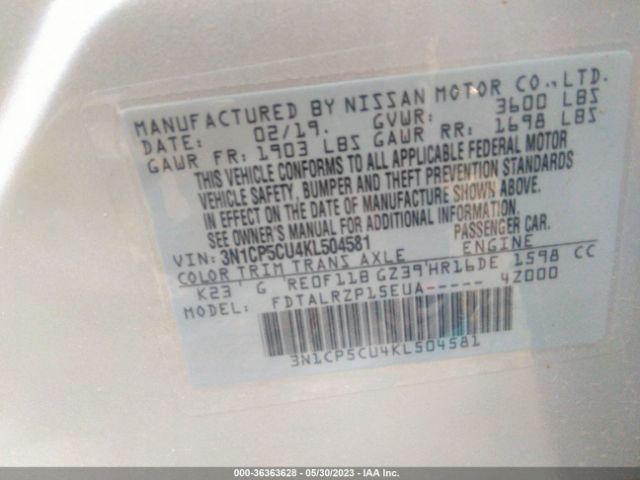 3N1CP5CU4KL504581 Nissan KICKS S