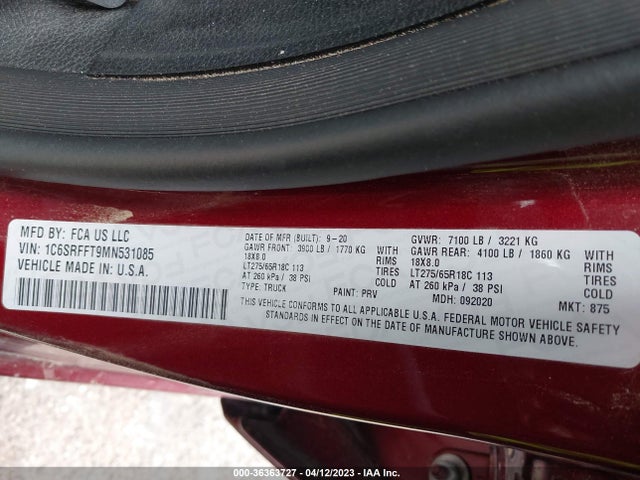 RAM 1500 Big Horn 2021 1C6SRFFT9MN531085 Image 10
