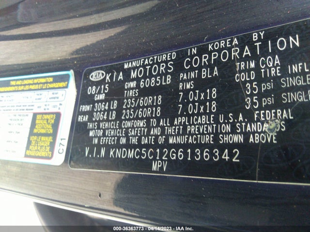 2016 KIA SEDONA EX VIN: KNDMC5C12G6136342