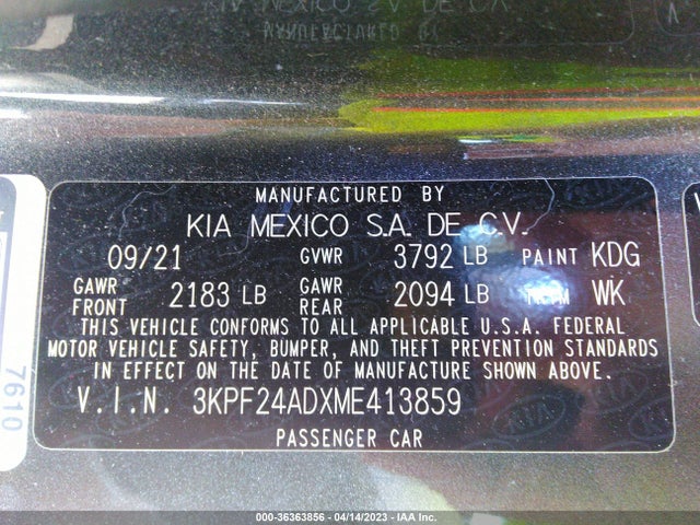 2021 KIA FORTE LXS VIN: 3KPF24ADXME413859