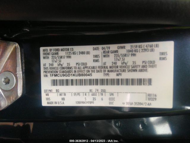 1FMCU9GD1KUB80045 Ford ESCAPE SE