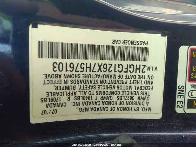 2007 HONDA CIVIC CPE LX VIN: 2HGFG126X7H576103