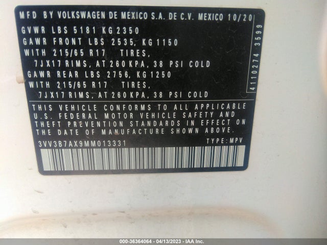 3VV3B7AX9MM013331 Volkswagen Tiguan Se/se R-line Black/sel