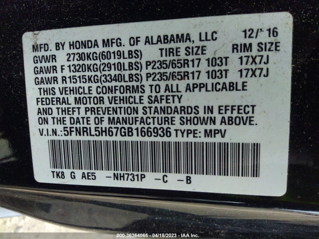 Honda Odyssey Ex-l 2016 5FNRL5H67GB166936 Image 9