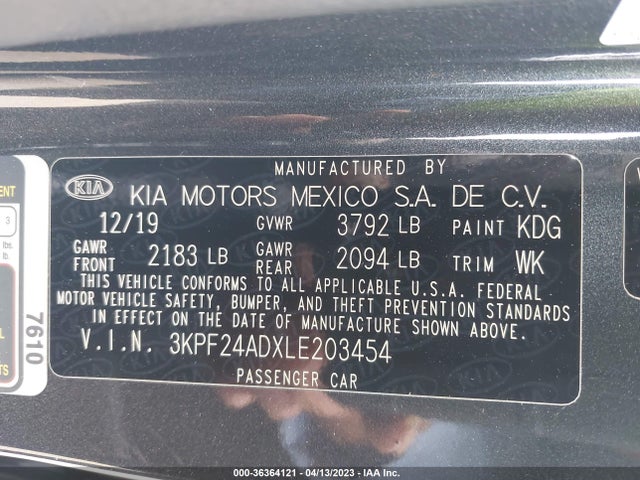 2020 KIA FORTE LXS VIN: 3KPF24ADXLE203454
