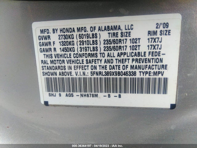 2009 HONDA ODYSSEY TOURING VIN: 5FNRL389X9B046338