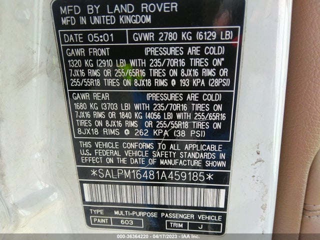 2001 LAND ROVER RANGE ROVER HSE VIN: SALPM16481A459185