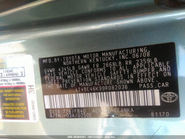 2009 TOYOTA CAMRY VIN: 4T4BE46K99R082036