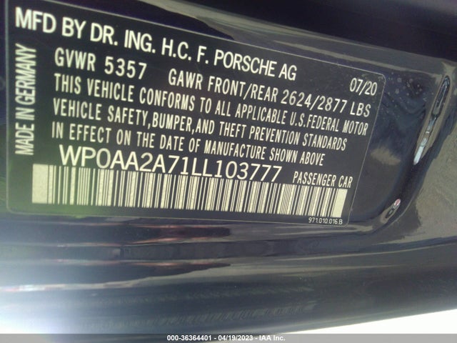 2020 Porsche Panamera, VIN: WP0AA2A71LL103777