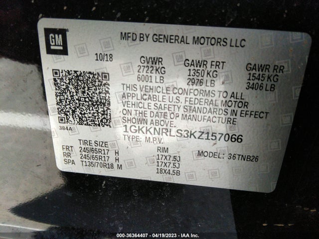 GMC ACADIA SLE 2019 1GKKNRLS3KZ157066 Image 9