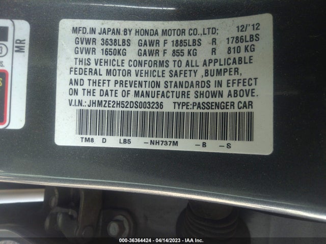2013 HONDA INSIGHT LX VIN: JHMZE2H52DS003236