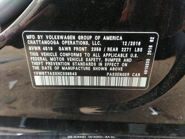 1VWBT7A3XHC039543 Volkswagen Passat 1.8t Se