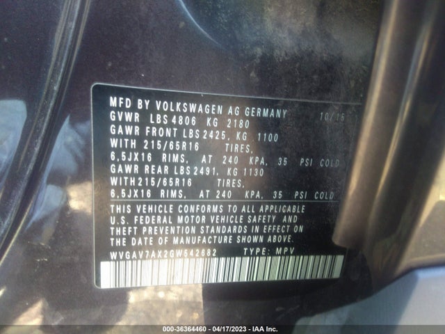 WVGAV7AX2GW542682 Volkswagen TIGUAN S