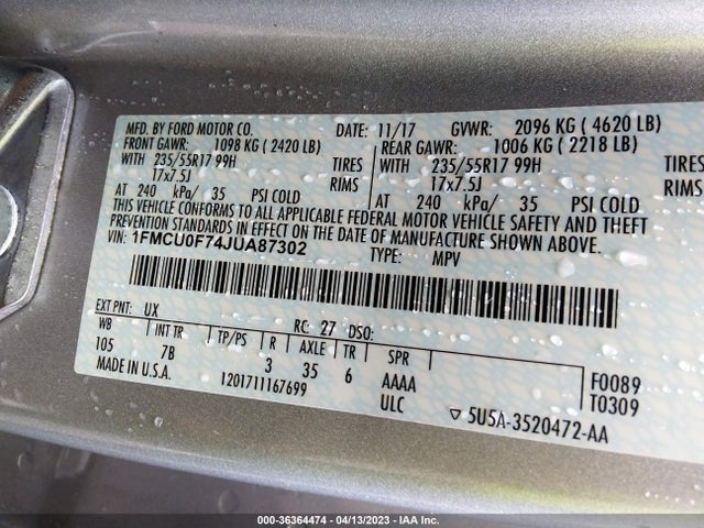 2018 FORD ESCAPE S VIN: 1FMCU0F74JUA87302