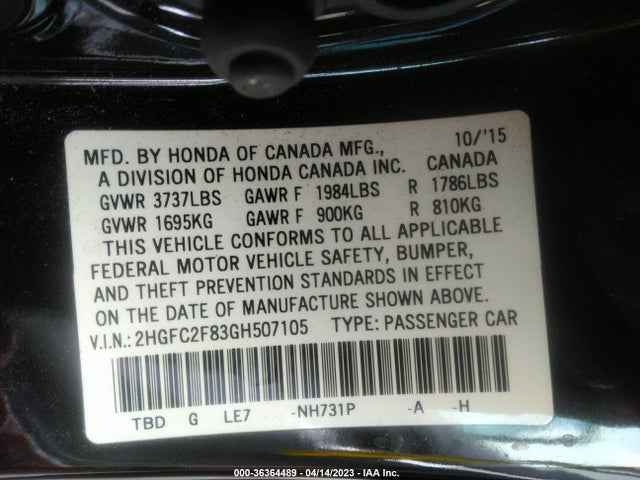 2016 HONDA CIVIC SEDAN EX VIN: 2HGFC2F83GH507105