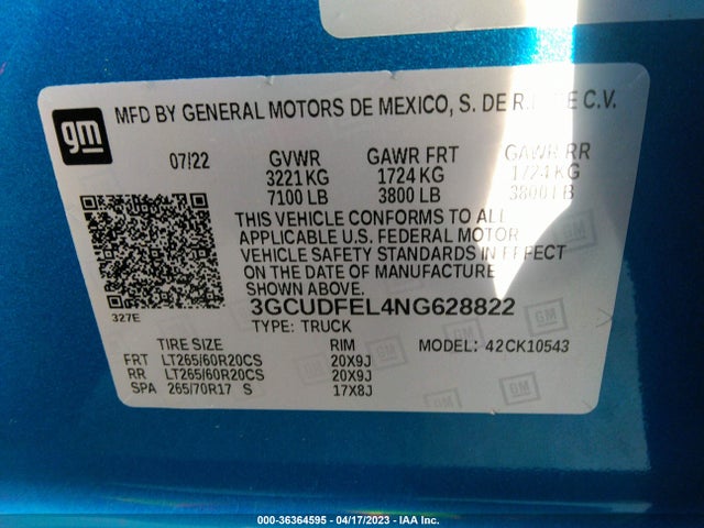2022 CHEVROLET SILVERADO 1500 LT TRAIL BOSS VIN: 3GCUDFEL4NG628822
