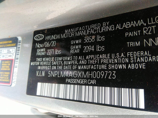 2021 HYUNDAI ELANTRA SEL VIN: 5NPLM4AGXMH009723