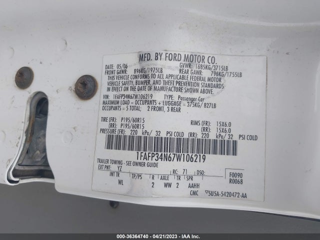 2007 FORD FOCUS S/SE/SES VIN: 1FAFP34N67W106219
