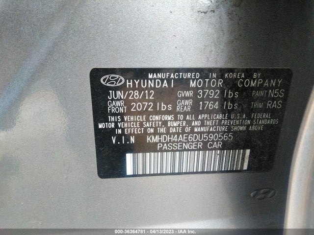 Продаж на аукціоні авто 2013 Hyundai Elantra Gls Pzev, vin: KMHDH4AE6DU590565, номер лоту: 36364781