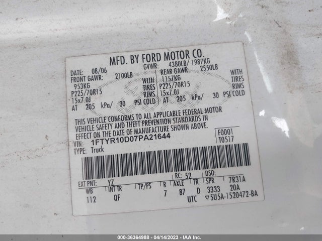 2007 FORD RANGER XL/STX/XLT VIN: 1FTYR10D07PA21644