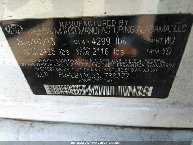 2013 HYUNDAI SONATA GLS PZEV VIN: 5NPEB4AC5DH788377