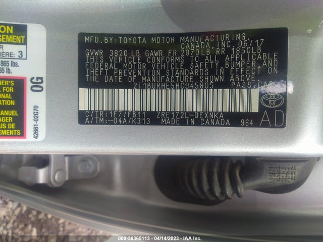 2017 TOYOTA COROLLA L/LE/XLE/SE VIN: 2T1BURHE5HC945805