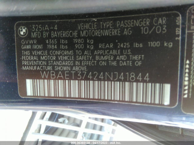 2004 BMW 3 SERIES 325I VIN: WBAET37424NJ41844
