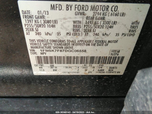 2013 FORD EXPLORER LIMITED VIN: 1FM5K7F87DGC06558