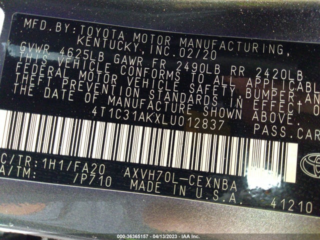 Toyota Camry Hybrid Le 2020 4T1C31AKXLU012837 Image 9
