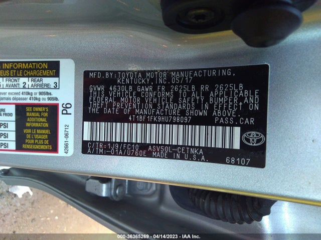 2017 TOYOTA CAMRY XLE/SE/LE/XSE VIN: 4T1BF1FK9HU798097