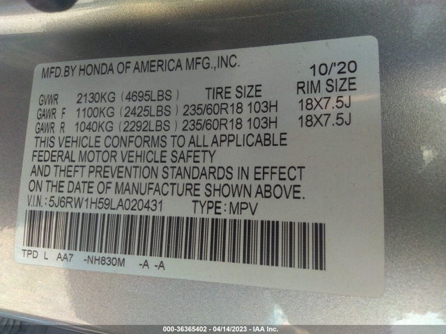 Honda CR-V EX 2020 5J6RW1H59LA020431 Image 9