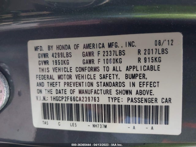 2012 HONDA ACCORD SDN SE VIN: 1HGCP2F66CA239763