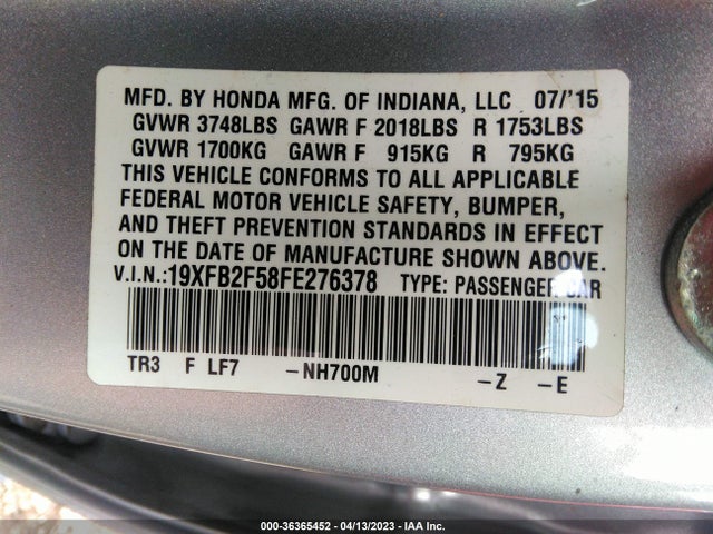 2015 HONDA CIVIC SEDAN LX VIN: 19XFB2F58FE276378