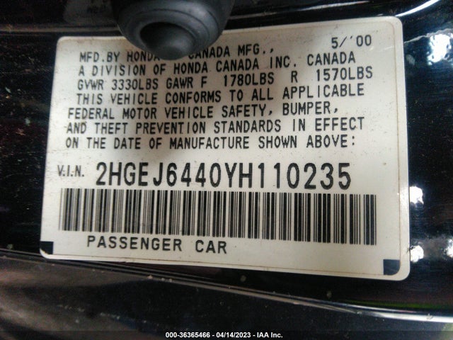 2000 HONDA CIVIC DX VIN: 2HGEJ6440YH110235