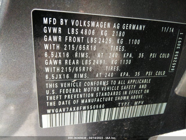 WVGAV7AX8FW550560 Volkswagen TIGUAN S