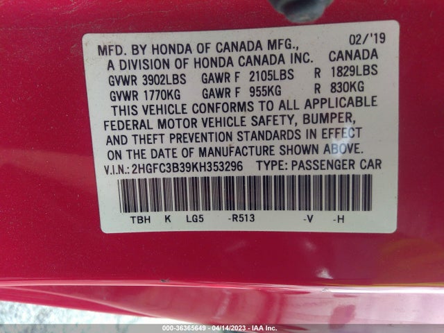 2019 HONDA CIVIC COUPE EX VIN: 2HGFC3B39KH353296