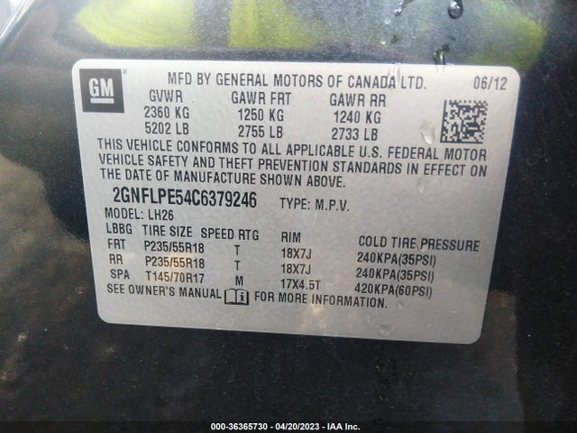 2012 CHEVROLET EQUINOX LT W/2LT VIN: 2GNFLPE54C6379246