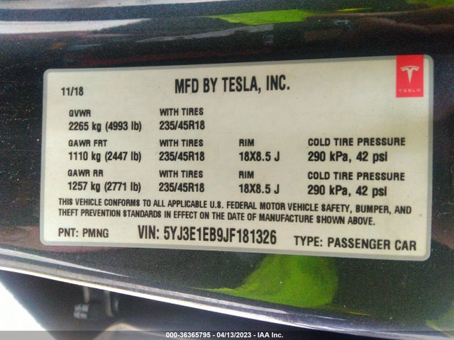 5YJ3E1EB9JF181326 Tesla Model 3 Long Range