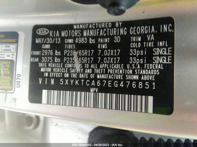 2014 KIA SORENTO LX VIN: 5XYKTCA67EG476851