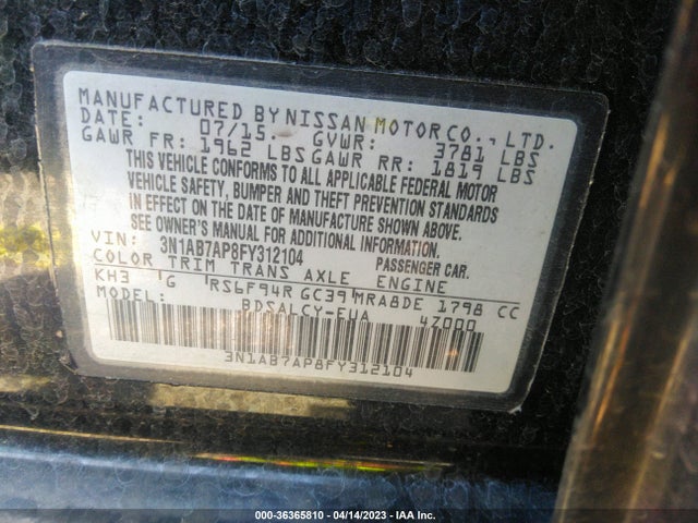 2015 NISSAN SENTRA S VIN: 3N1AB7AP8FY312104