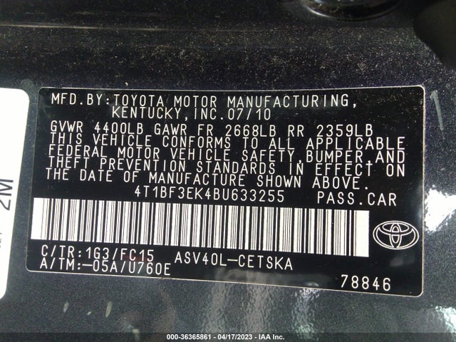 2011 TOYOTA CAMRY VIN: 4T1BF3EK4BU633255