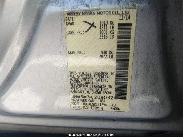 Nissan Altima 2.5 S 2015 1N4AL3AP7FC209032 Image 11